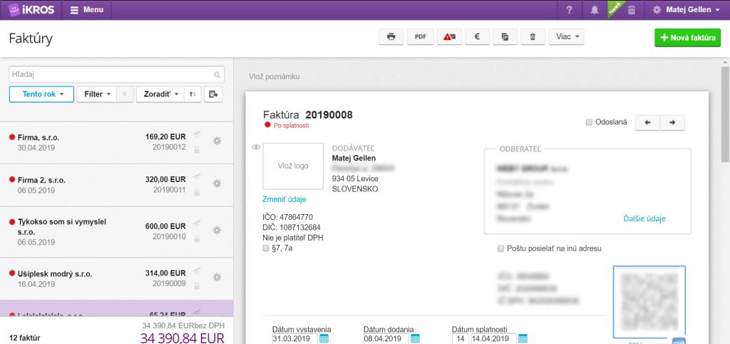 Program na faktúru online - Náhľad pracovného prostredia iKROS